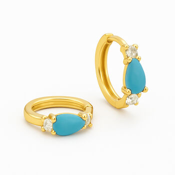 Gold Plated Sterling Silver Turquoise Huggie Hoop Earrings – 10mm, 3 of 7