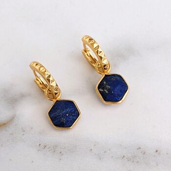 The Hexagon Lapis Lazuli Gold Plated Gemstone Earrings, 3 of 5