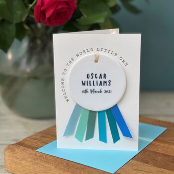 New Baby Card With Ceramic Blue Ombre Rosette, 3 of 7