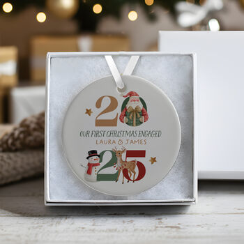 Personalised Ceramic First Christmas Engaged Tree Bauble In Various Designs, 5 of 7