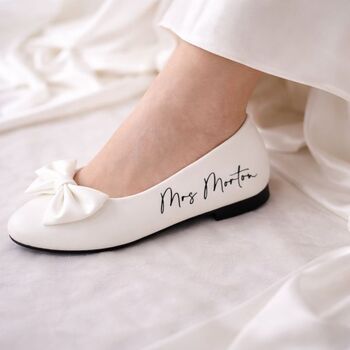 Personalised Bridal Prom White Bow Pump Slip On Flats, 2 of 6