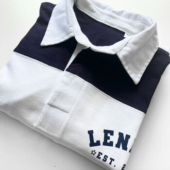 Personalised Men's Rugby Shirt Contrast Panel Stripe Custom Name And Date, 2 of 8