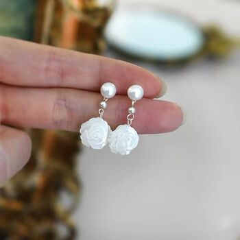 Kimberley Roses White Ivory Silver Pearl Ball Drop Flower Earrings, 2 of 5