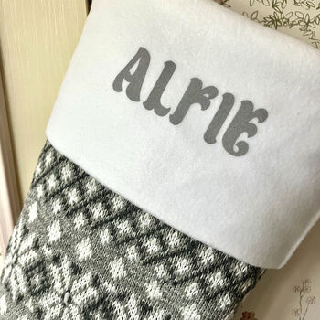 Personalised Pink/Grey Nordic Knitted Christmas Stocking, 6 of 8