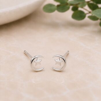 Sterling Silver Moon And Star Stud Earrings, 2 of 3
