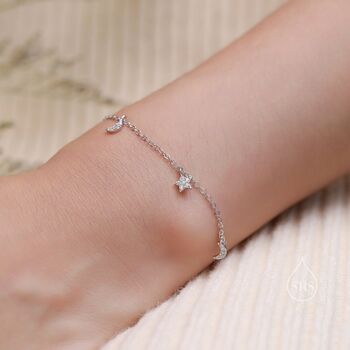 Sterling Silver Tiny Cz Moon And Star Bracelet, 2 of 11
