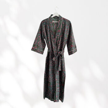 Grey And Pink Flower Print Cotton Dressing Gown Kimono, 2 of 2