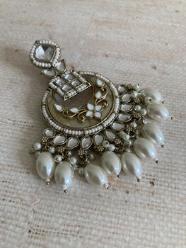 White Antique Gold Chand Bali Indian Earrings, 7 of 9