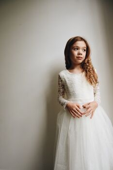 Long Sleeve Flower Girl Dress – Pearl Buttons And Tulle Skirt Ankle Length, Handmade UK, 2 of 8