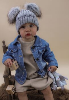 Personalised Grey Double Pom Pom Winter Hat And Booties, 9 of 9