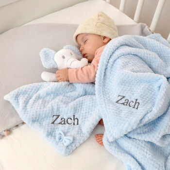 Personalised Blue Waffle Blanket Elephant Comforter Set, 3 of 10