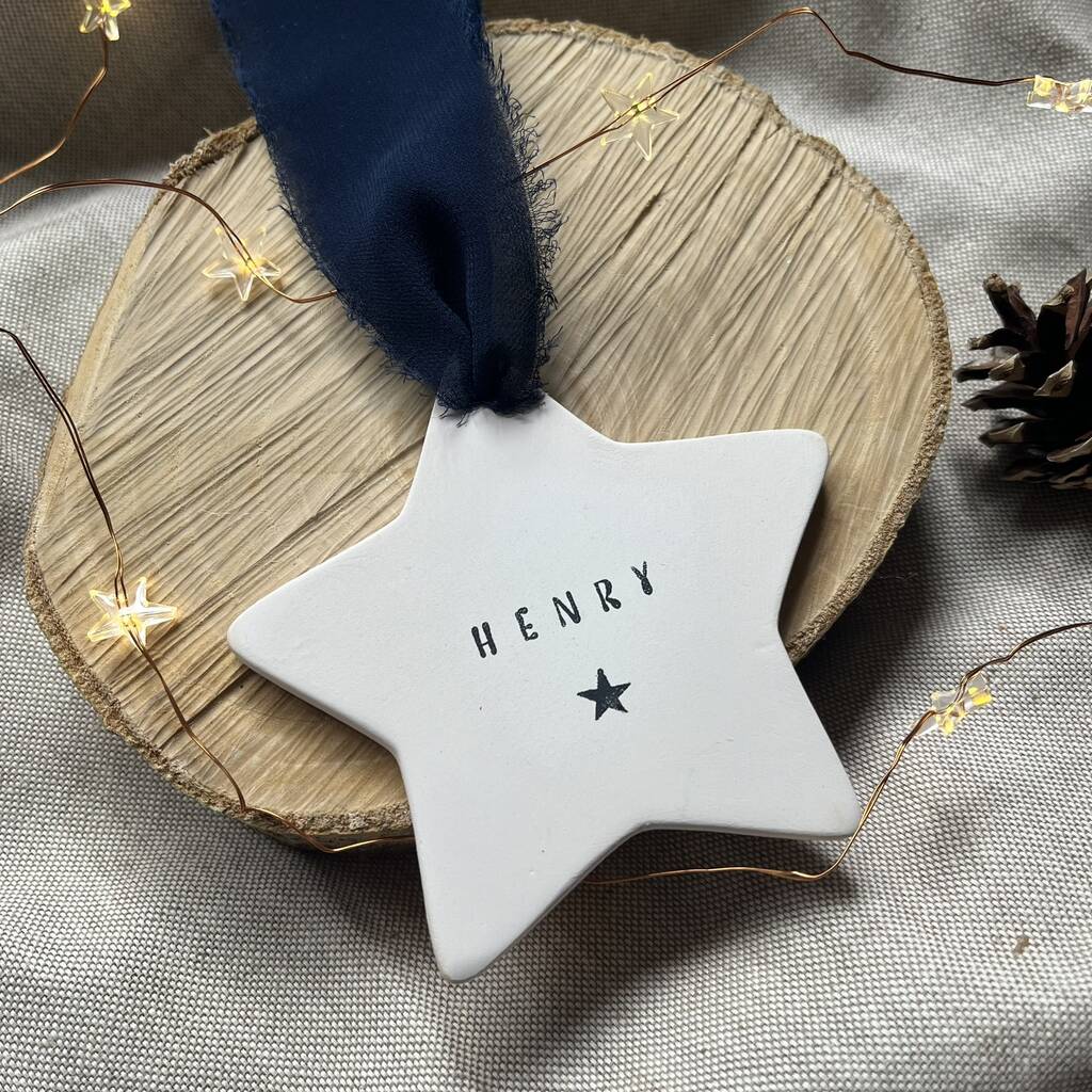 Personalised Handstamped Christmas Hanging Ceramic Star, 1 of 3