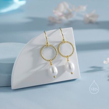 Sterling Silver Genuine Freshwater Pearl Drop Hook Earrings With Circle, 2 of 10