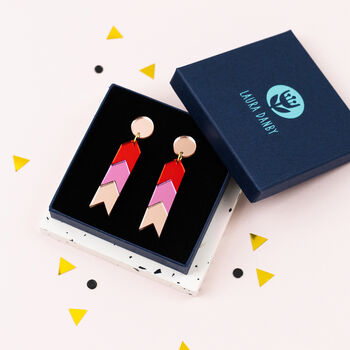 Red And Pink Chevron Statement Earrings, Geometric Acrylic Jewellery, 2 of 6