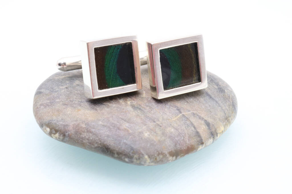 Image of Peacock Feather Sterling Silver Cufflinks, Silver