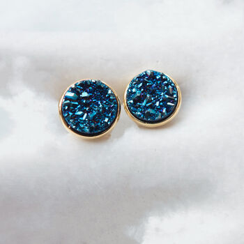 Round 18k Gold Plated Blue Druzy Stud Earrings, 5 of 6