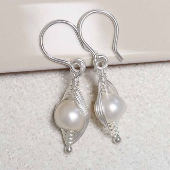 Sterling Silver Pearl Wire Dangly Earrings, 2 of 5