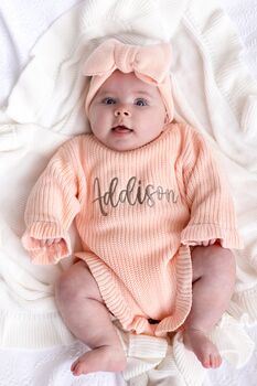 Personalised Embroidered Ruffle Detail Knitted Baby Romper Three Colours Available, 9 of 12