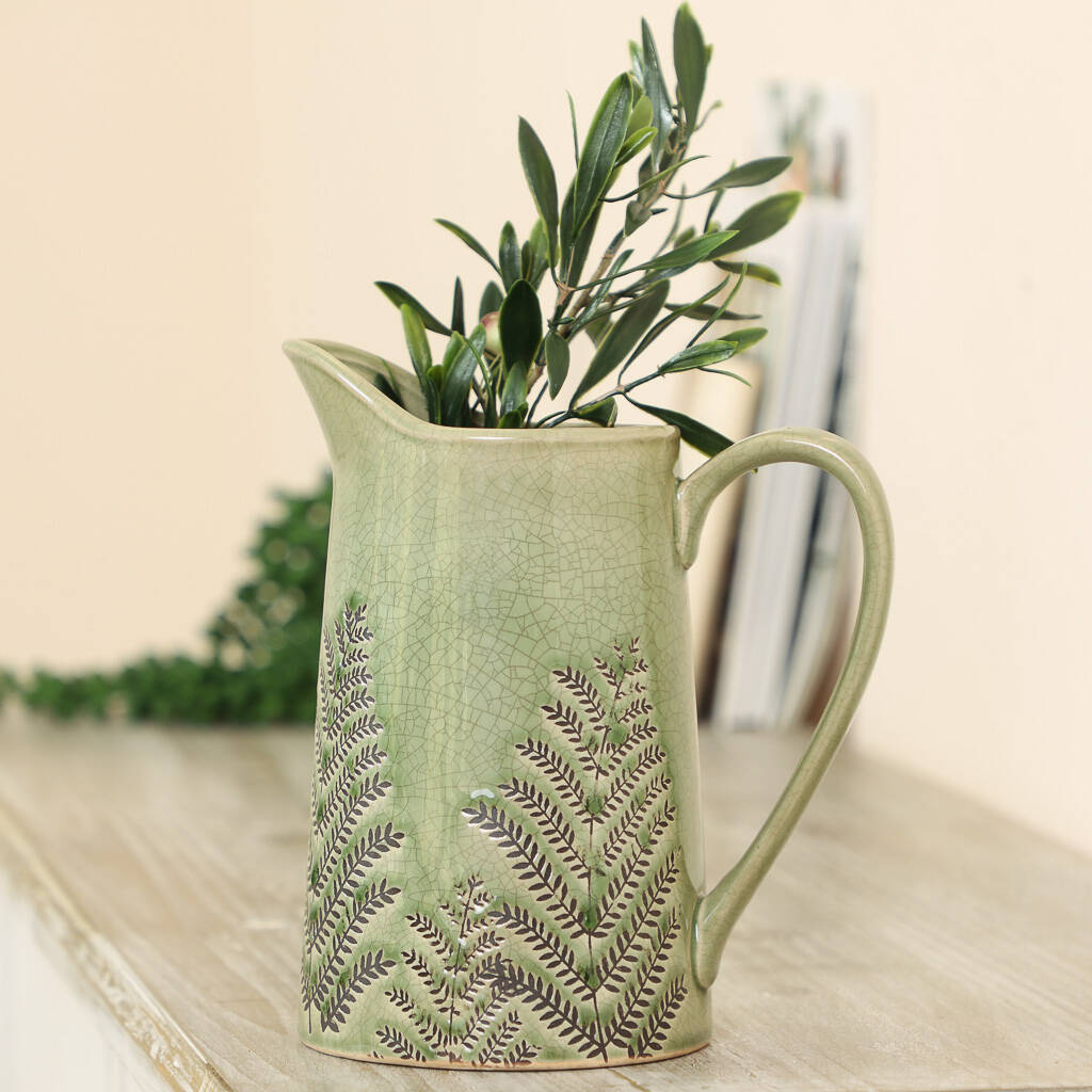 Fern Green Ceramic Pitcher Vase, 1 of 9
