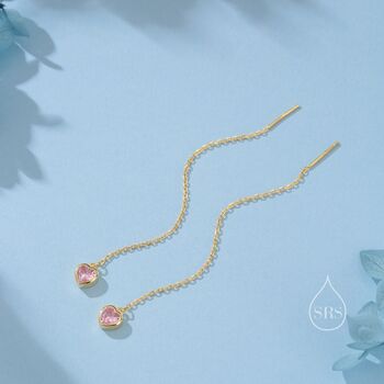 Tiny Pink Cz Heart Threader Earrings In Sterling Silver, 2 of 12