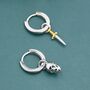 Mismatched Tiny Skull And Sword Huggie Hoop Earrings In Sterling Silver, thumbnail 3 of 7