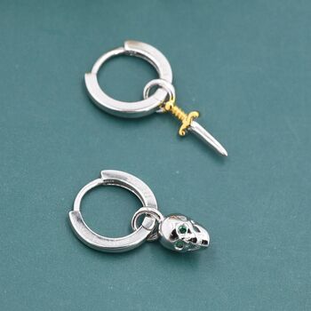 Mismatched Tiny Skull And Sword Huggie Hoop Earrings In Sterling Silver, 3 of 7