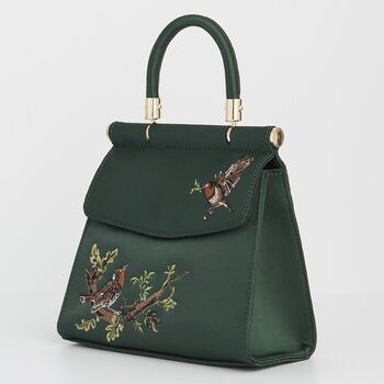 Robin Love Embroidered Green Satin Tote, 3 of 7