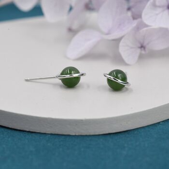 Sterling Silver Genuine Jade Planet Stud Earrings, 7 of 12