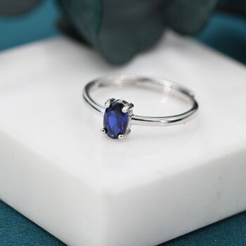 Sterling Silver Created Blue Sapphire Oval Ring, 3 of 12