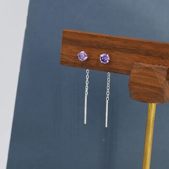 Sterling Silver Amethyst Purple Cz Threader Earrings, 6 of 10