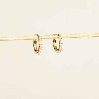 18k Gold Plated Starburst Heart And Pearl Huggie Earrings With Ivory Opal, 2 of 7