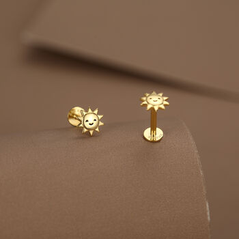 Sterling Silver Cute Sun Stud Earrings 16 G Flat Back Labret, 2 of 10