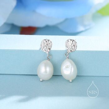 Sterling Silver Genuine Freshwater Pearl And Hammered Textured Disks Drop Earrings, 2 of 12