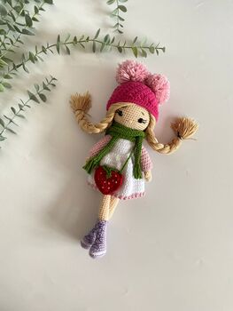 Organic Hand Knitted Doll With Cute Dress For Girls, 5 of 12