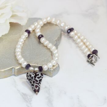 White Pearl Necklace With Amethyst Swirl Glass Heart, 4 of 6