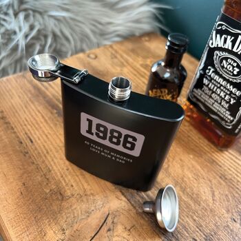 Personalised Engraved Black Metal Hip Flask 6oz For Milestone Birthday / Anniversary, 6 of 11