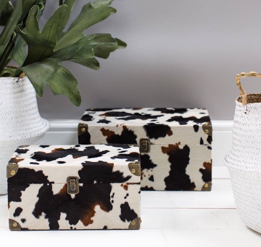 set of two faux cowhide boxes by the forest & co