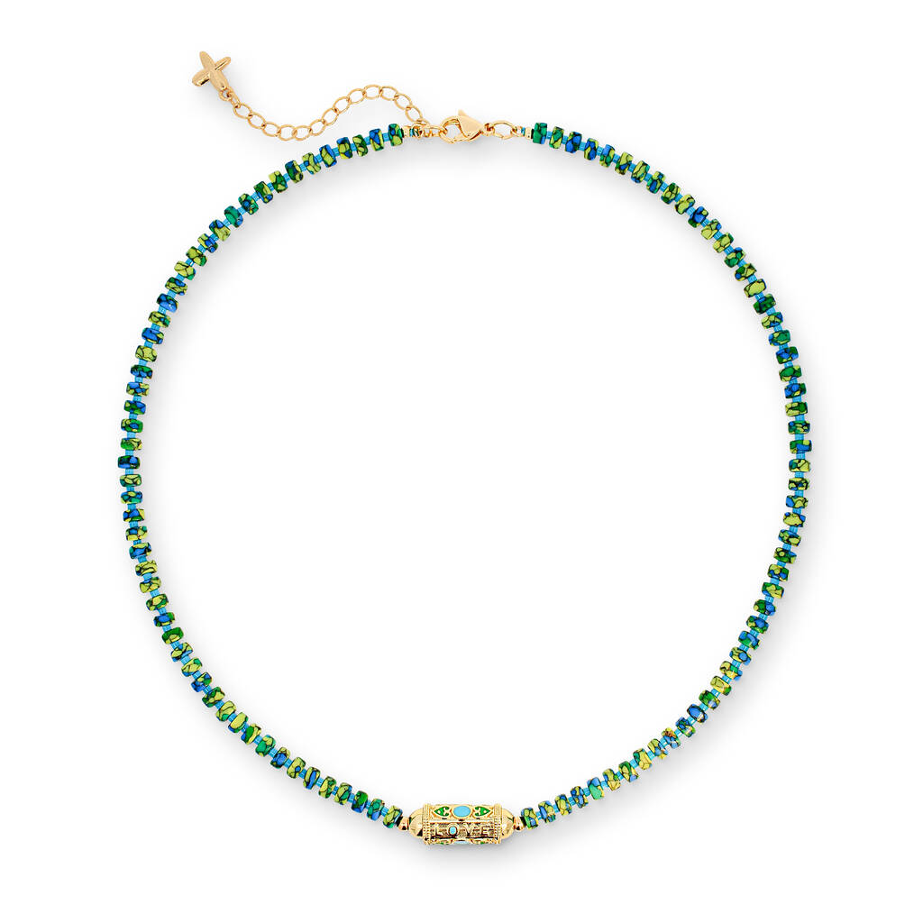 Blue And Green Natural Stone Beaded Charm Necklace