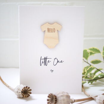 New Baby Card Hello Little One Wooden Babygrow, 4 of 5
