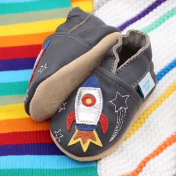 Dotty Fish Space Rocket Baby Gift Set With Barefoot Shoes And Cotton Bibs, 2 of 11