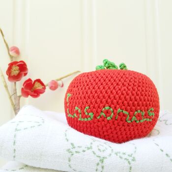 Personalised Crocheted Tomato Rattle New Baby Gift, 3 of 7