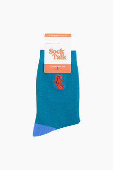 Embroidered Seahorse Combed Cotton Socks In Teal, 4 of 4