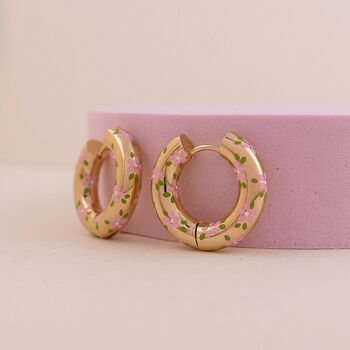 Pink Daisy Flower 18ct Gold Plated Chunky Hoop Earrings, 4 of 5