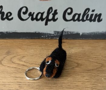 Needle Felted Handmade Tiny Dachshund Keyring/Black And Tan/Chocolate And Tan/Red, 2 of 12