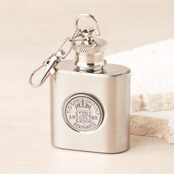 80th Birthday 1945 Sixpence Mini Hipflask Keyring, 2 of 6