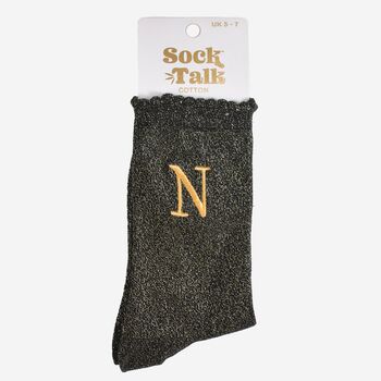 Women's Glitter Socks Black Gold Initial 'N', 5 of 5