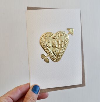 Handmade Personalised Gold Foil Scalloped Valentines Heart Arrow Card, 3 of 4