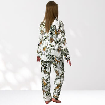 Giraffe And Leopard Print 100% Cotton Ladies Pyjamas In White, 5 of 10