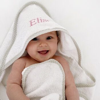 Personalised White Hooded Baby Towel With Grey Trim, 5 of 11
