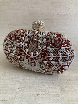 Maroon Handcrafted Embroidered Oval Clutch Bag, 6 of 10